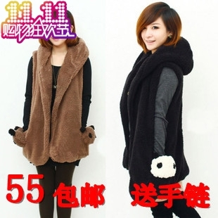 Plus size plus size female casual plush vest loose top sleeveless with a hood thick fur coat