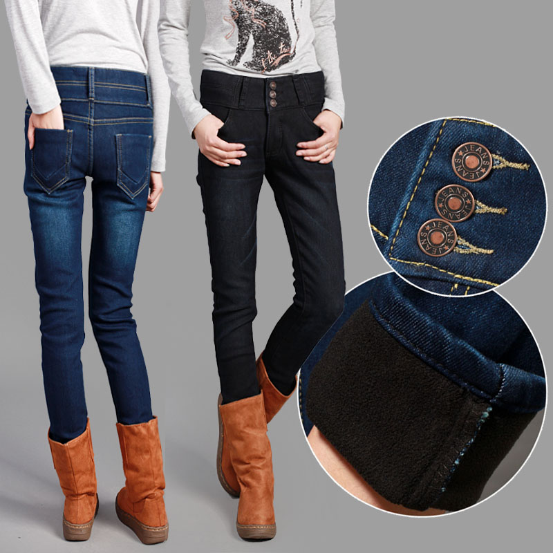 Plus size plus velvet thick denim pencil pants Women 2013 autumn and winter thickening thermal fleece cotton trousers