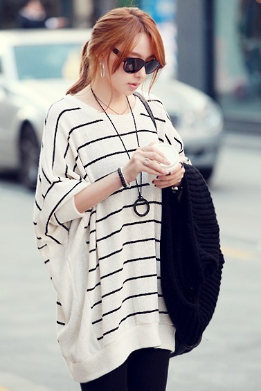 Plus size pullover batwing sleeve black and white stripe wool sweater/outwears Free shipping