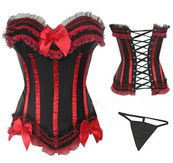 Plus Size Red Stripe Brand New Satin Boned Lace up Back Corset Top 3 Bows Bustier With Matching Thong