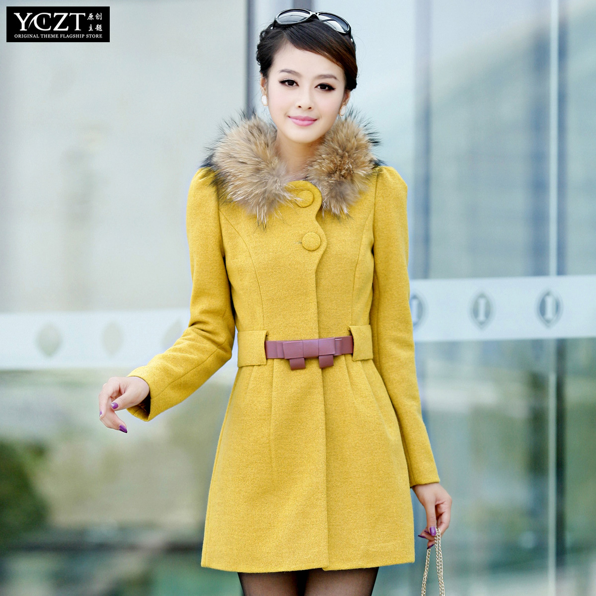 Plus size slim raccoon fur overcoat woolen outerwear female medium-long trench clothng