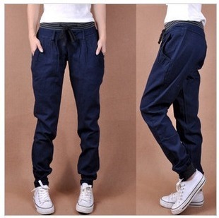 Plus size spring 2013 drawstring women's mid waist jeans trousers female