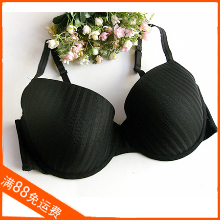 Plus size underwear black glossy stripe large cup with wire bra 85abcde 90bcde 95d