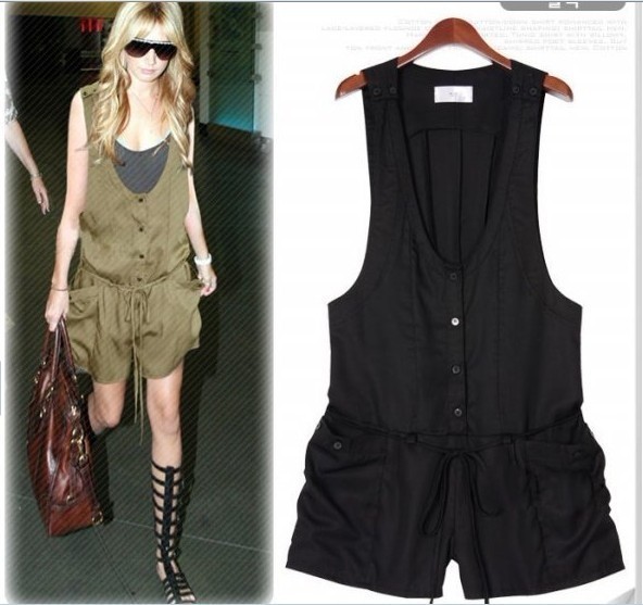 Plus size women's new elegent spring/summer 2012 fashion short jumpsuit sleeveless sexy casual style black khaki free shipping