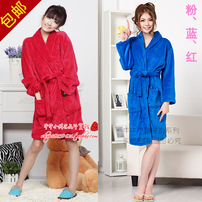 Plus size women's red navy blue pink solid color plain coral fleece robe bathrobes obscenely