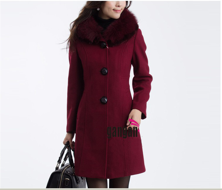 Plus size woolen outerwear lady cashmere overcoat women genuine fox fur slim wool coat,grey wine black coffee,L-4XL,Free Shiping