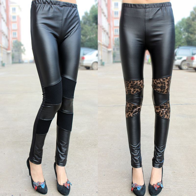 Plus velvet legging pants skinny pants patchwork leather plus velvet patchwork boot cut jeans leopard print basic