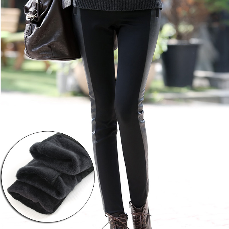 Plus velvet thickening faux leather patchwork legging autumn and winter female ultra elastic plus size warm pants