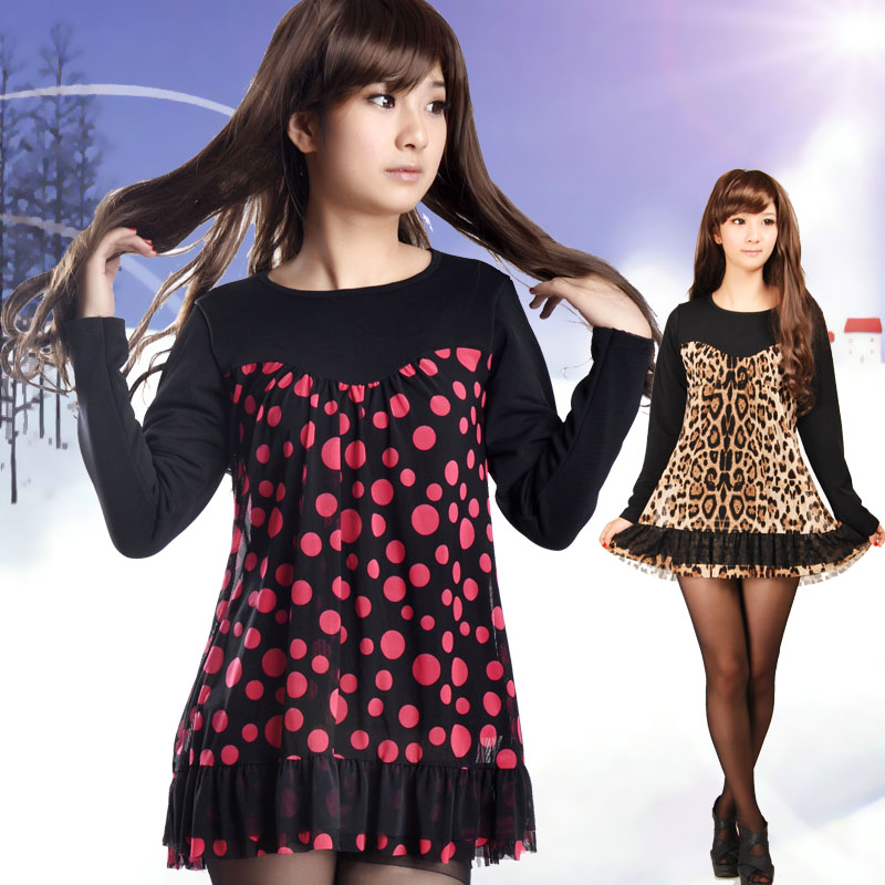 Plus velvet thickening female long design thermal underwear leopard print chiffon autumn and winter one-piece dress 6991