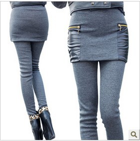 Plus velvet thickening legging female autumn and winter double zipper leather patchwork faux two piece dress legging