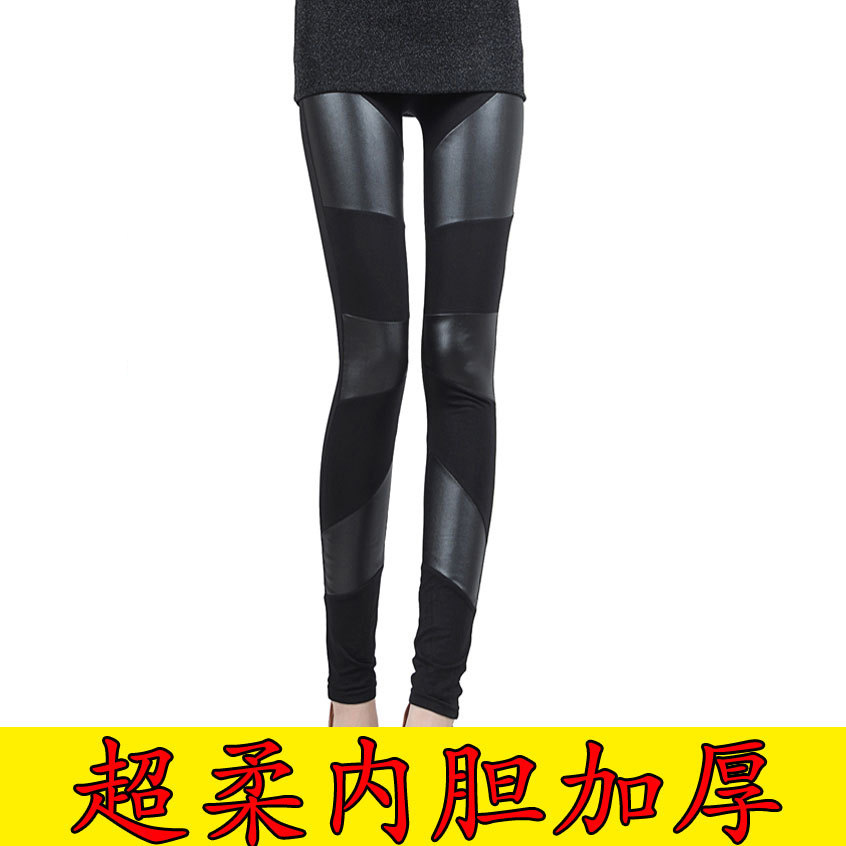 Plus velvet thickening legging super soft patchwork legging faux leather trousers female