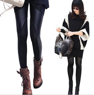 Plus velvet thickening warm pants autumn and winter faux leather personalized patchwork skinny legging pants 2