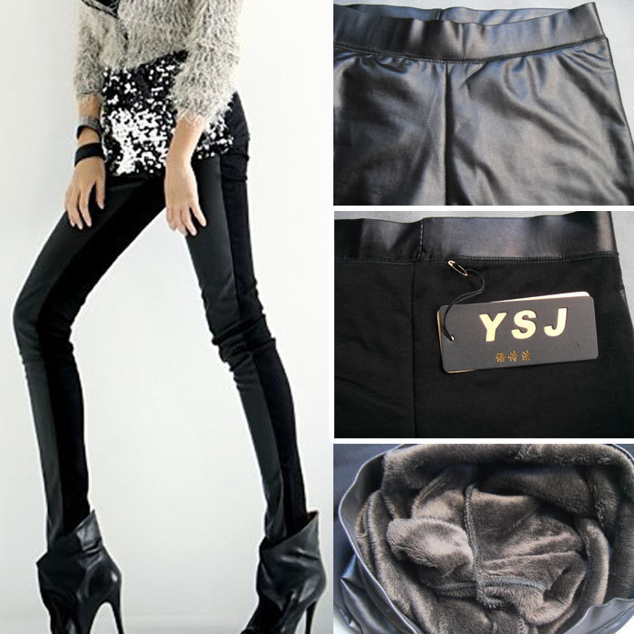 Plus velvet thickening warm women's patchwork fashion faux leather pencil pants cotton trousers