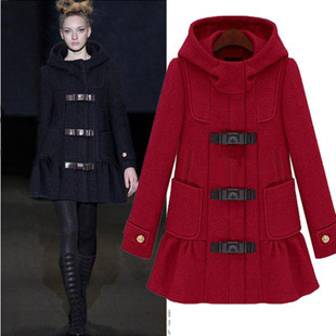 Plus velvet women winter new British style fashion loose wool coat thick woolen hooded overcoat with leather belt ornament