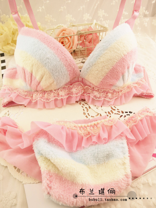 Plush princess . soft furry push up bra underwear set women's 3 breasted thick adjustable