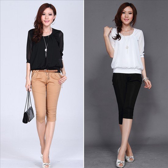 PM13, 2012 Fashion, Women/Lady Plus Size Cotton & Chiffon middle sleeve Blouse/Shirts, Black & White solid color.