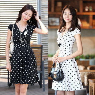 Polka dot one-piece dress V-neck dot long design short-sleeve chiffon silk one-piece dress