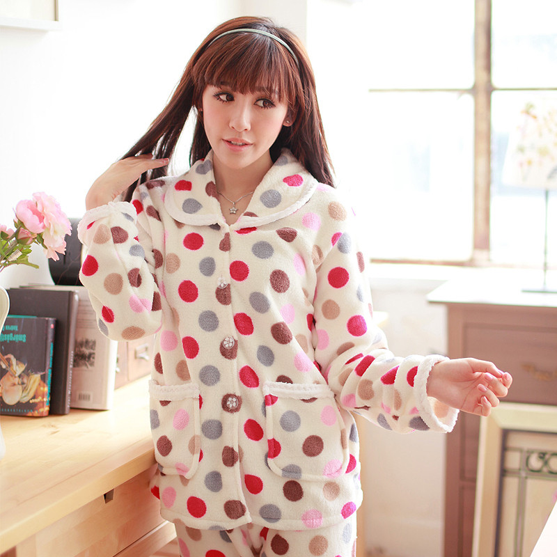 Polka dot women's autumn and winter coral fleece long sleeve length pants sleepwear twinset casual lounge