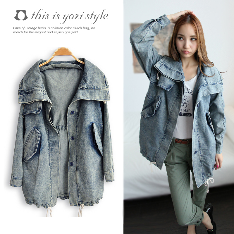 Pomeloes clothing 2012 autumn new arrival loose turn-down collar long-sleeve denim trench outerwear female ac220