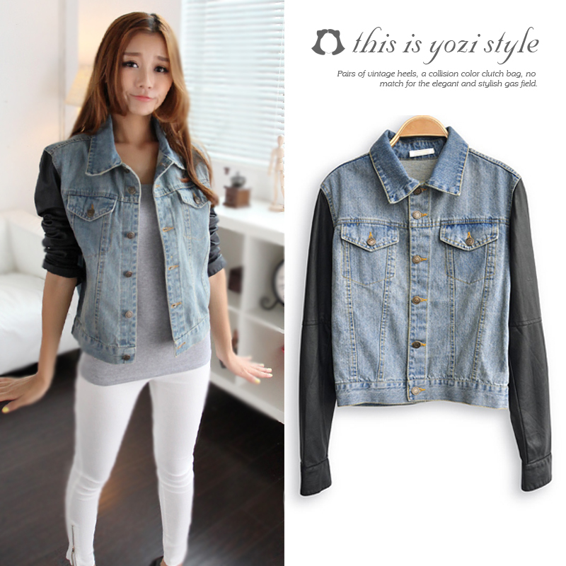 Pomeloes clothing 2012 autumn new arrival women's patchwork turn-down collar long-sleeve leather denim outerwear ac332