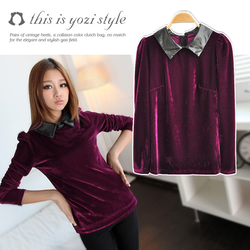 Pomeloes clothing 2012 slim leather turn-down collar velvet long-sleeve top outerwear aa736