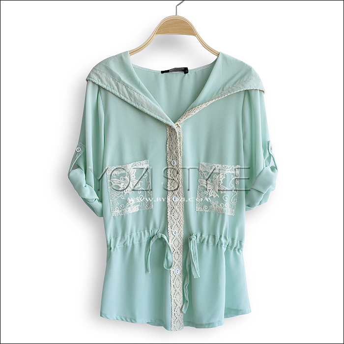 Pomeloes clothing 2012 summer women's lace hooded three quarter sleeve chiffon shirt top female aa563 ,Free shipping