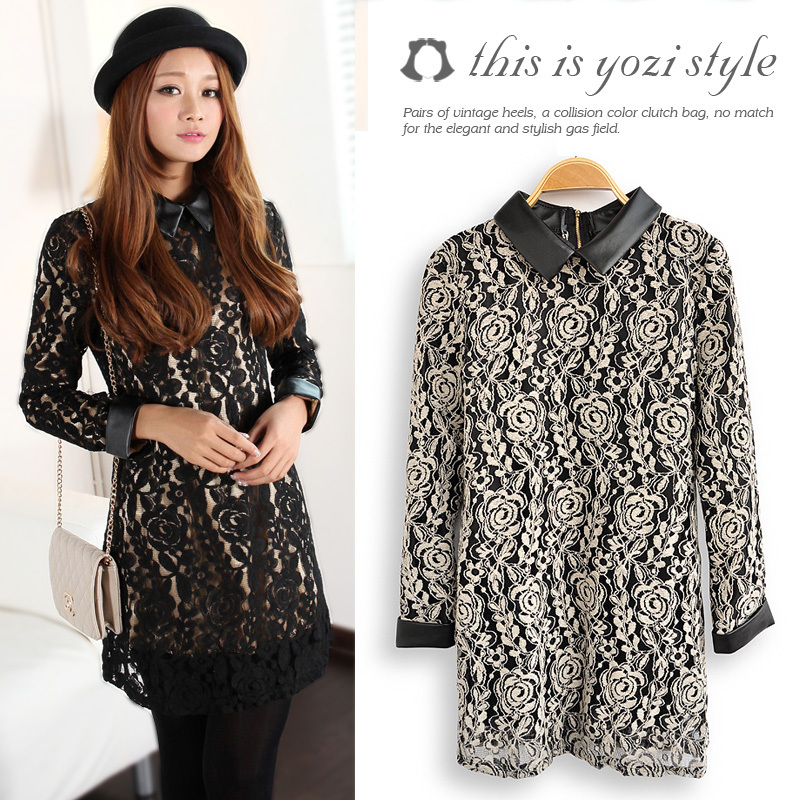 Pomeloes clothing 2012 winter slim lace leather mosaic long-sleeve dress x-889