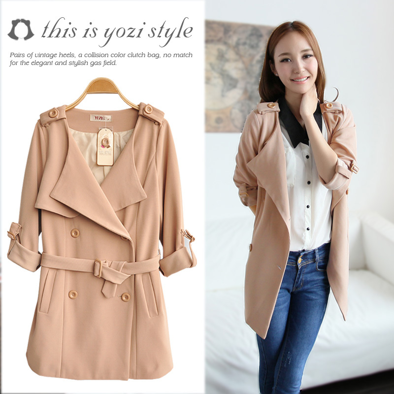 Pomeloes clothing 2012 women's casual turn-down collar double breasted belt trench outerwear KX-J0007