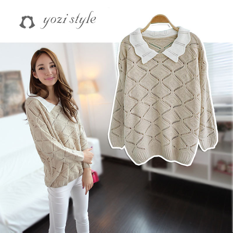 Pomeloes clothing 2013 spring loose cutout peter pan collar long-sleeve sweater w-790