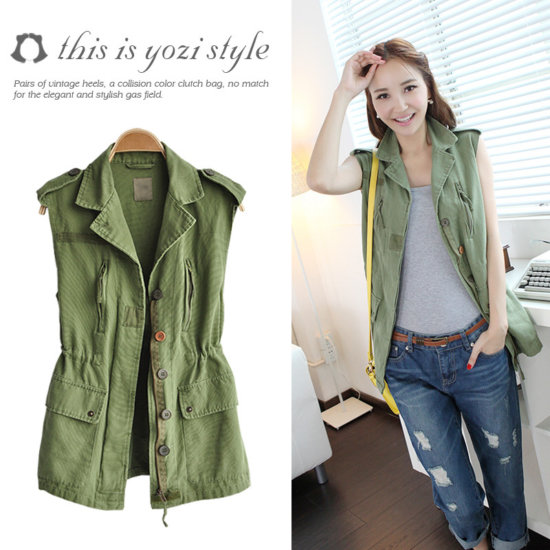 Pomeloes clothing tooling turn-down collar sleeveless medium-long Army Green women's vest vest female ac046