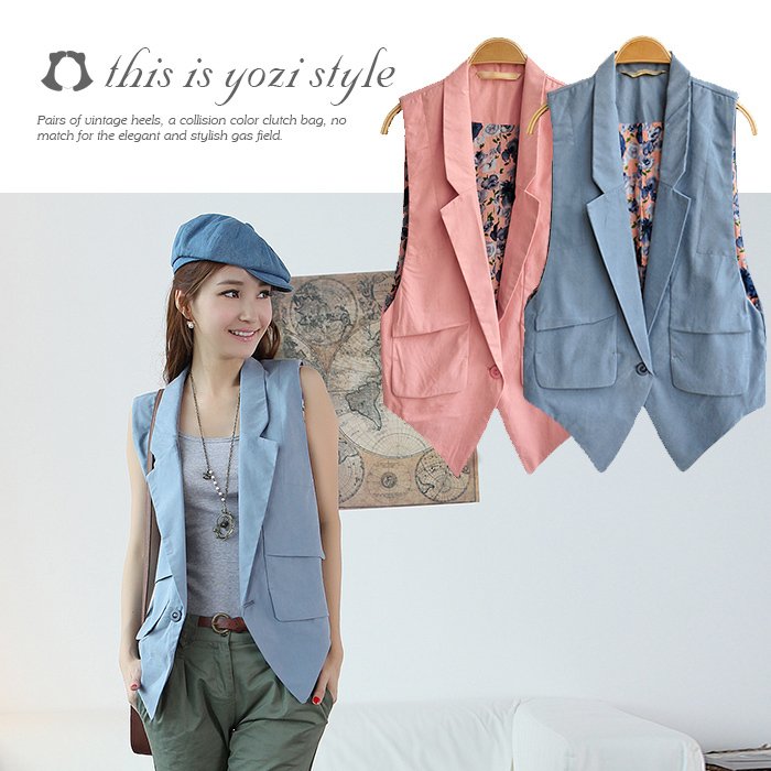 Pomeloes clothing turn-down collar sleeveless patchwork short design women's suit vest vest one button ac082