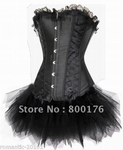 Popular Black Brocade Boned Lingerie Lace Up Steel With Tutu Dress Sexy Bustier Corset 2106 S-6XL