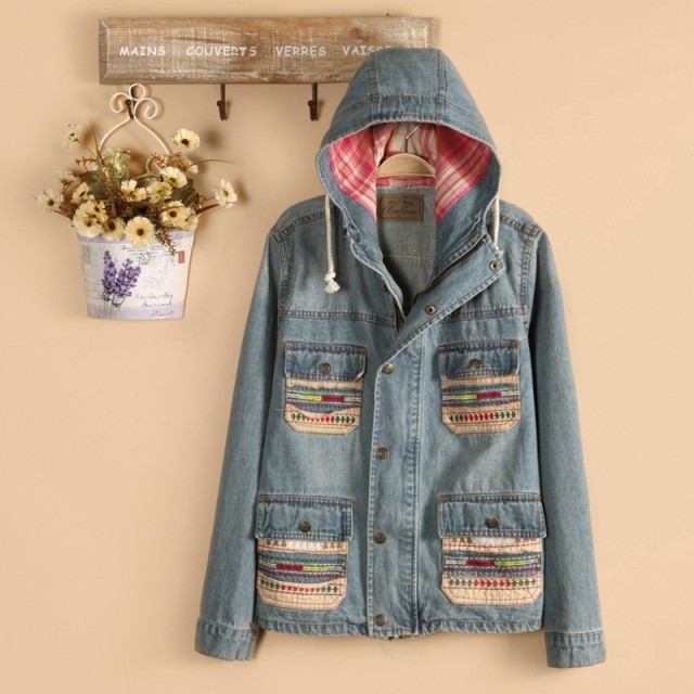 popular embroidered casual cool water wash retro zipper finishing with a hood thick long-sleeve denim outerwear