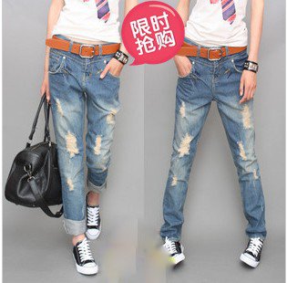 Popular European Streetwear Style Jeans Irregular Hole Denim Women Jean Mid Waist