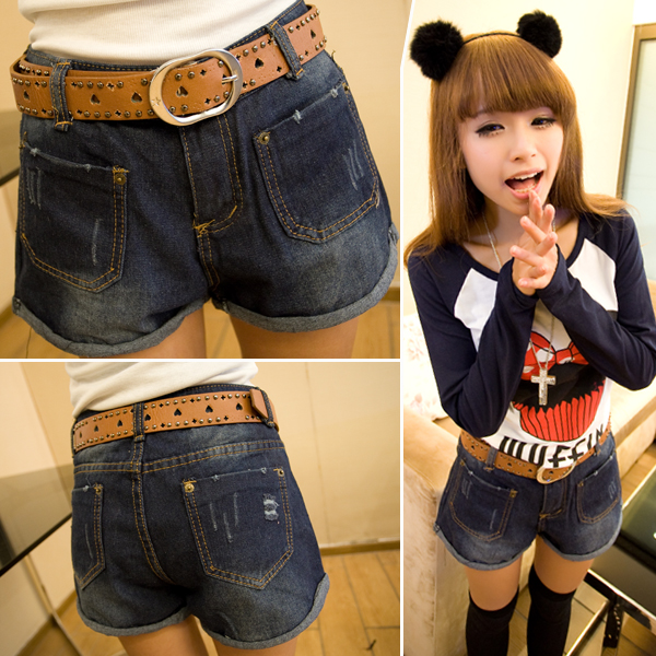 Popular female 2013 roll up hem patch pocket plus size loose retro finishing distrressed jeans shorts