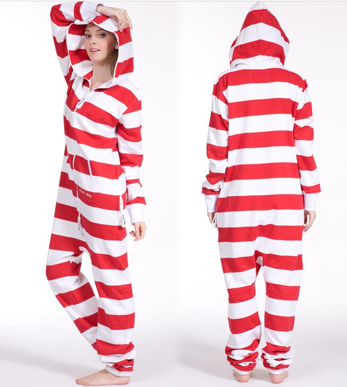 Popular! Red& White Striple Jumpsuit  / Adult Fleece Hoodies / Oversize / Unisex Style+ Fedex Free Shipping  E300-59