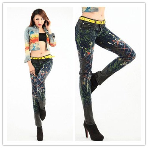 Popular Unique Design Colorful Drawing Slim Jeans Mid Waist Picture Color Good Quality Pencil Jean