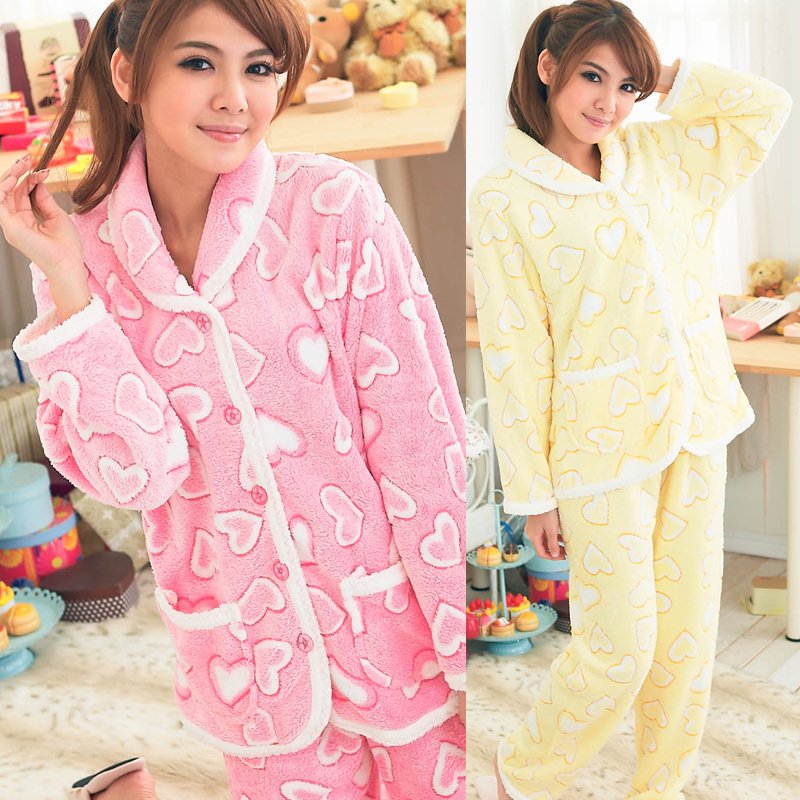 Powder of autumn and winter women's long-sleeve thickening coral fleece lounge sleep set love