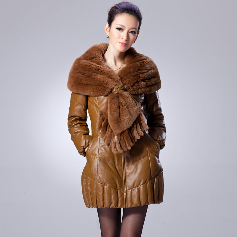 Premium genuine leather down coat female medium-long leather clothing ultralarge rex rabbit sheepskin down coat