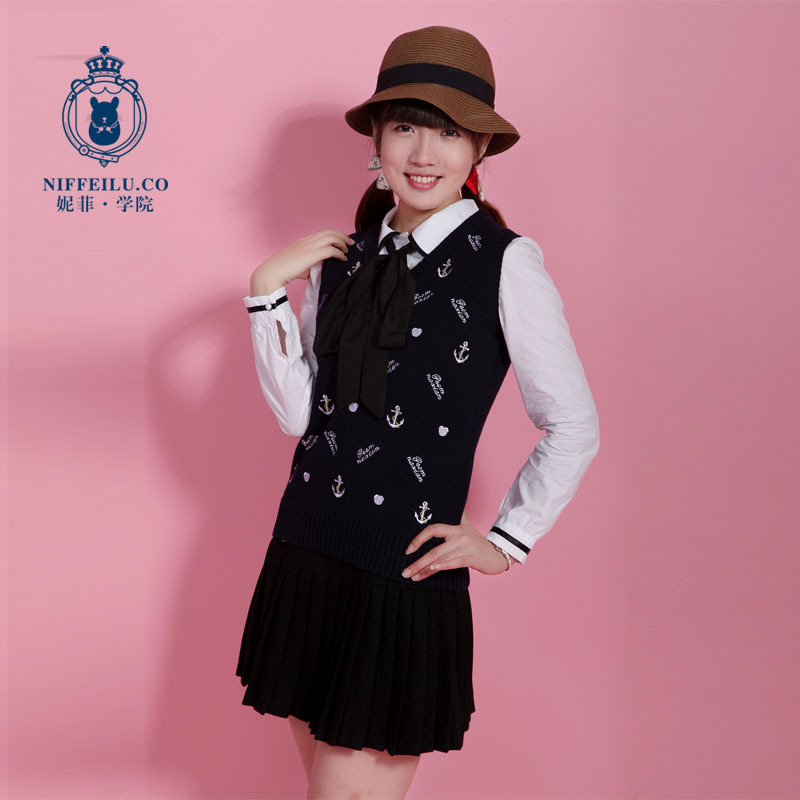 Preppy style 100% cotton yarn woven vest full-body embroidery