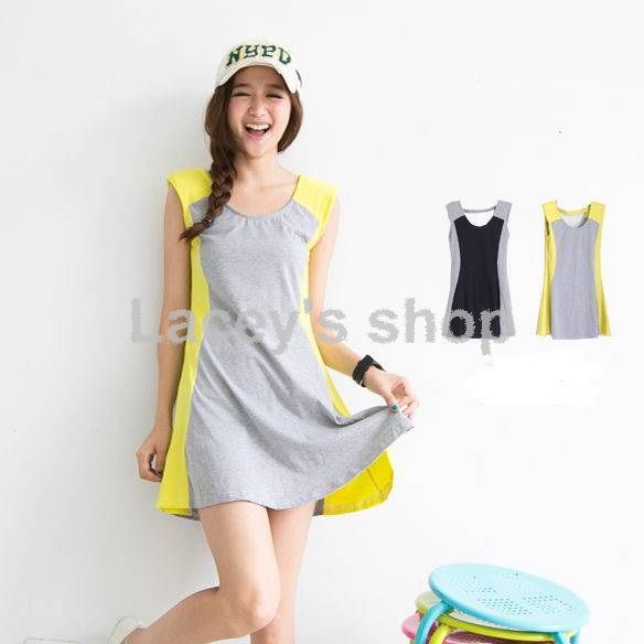 preppy style ladies' contrast color patchwork casual cotton spring summer dress with shouler pad S156