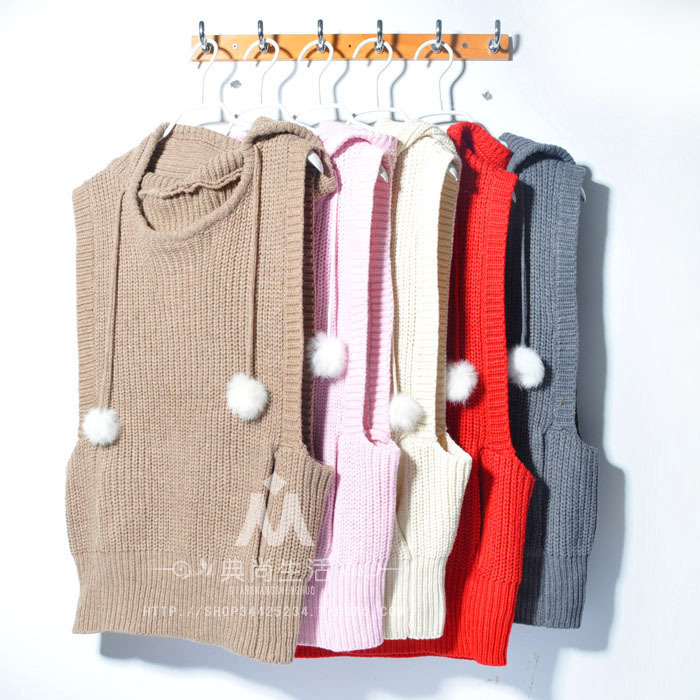 Preppy style loose yarn vest knitted hooded drawstring bf3