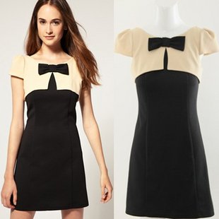 Preppy Style Simplicity Color-block Bow Princecess Little Black Dress Line Body-hugging Short Sleeve Fashion Work Casual Dresses