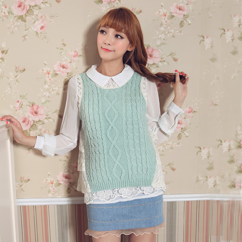 Preppy style small fresh lace decoration patchwork sweater vest yarn vest