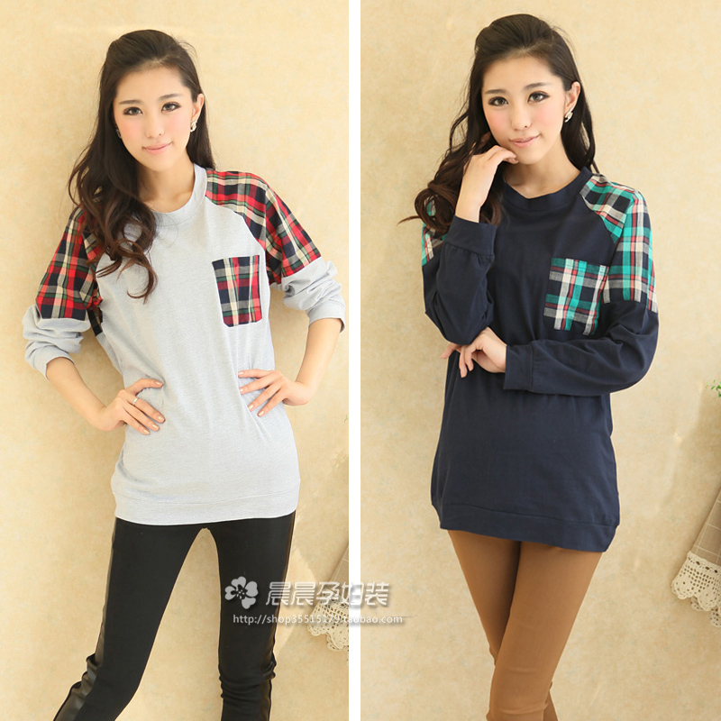 Preppystyle long-sleeve plaid patchwork summer maternity t-shirt pullover pregnant installed top maternity t shirt spring