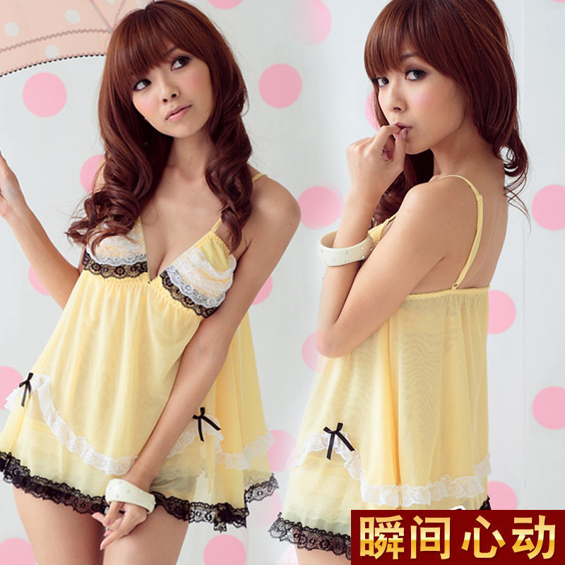 Princess dream multi-layer lace gauze jelly yellow translucent sexy lingerie set cute spaghetti strap sleepwear lounge set H