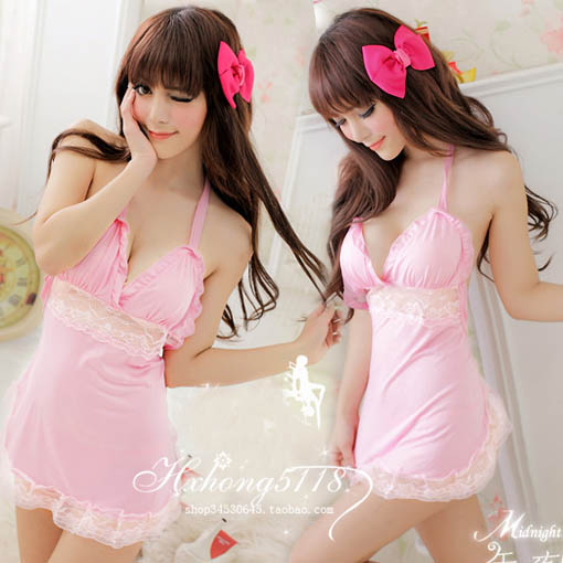 Princess lovely spaghetti strap short skirt lace decoration halter-neck strap pink bellyached sexy racerback sleepwear 8037