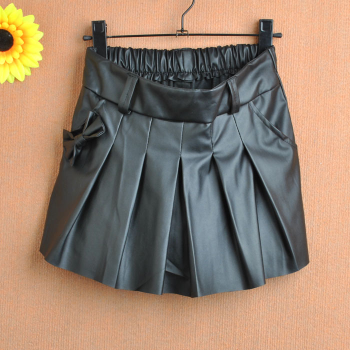 Princess pleated PU bust skirt leather skirt short skirt skorts culottes slim bow female