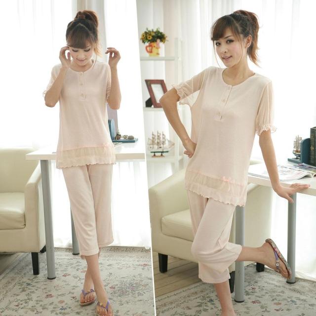 Princess sleeve summer short-sleeve knitted soft cotton women's sleep set lounge plus size summer