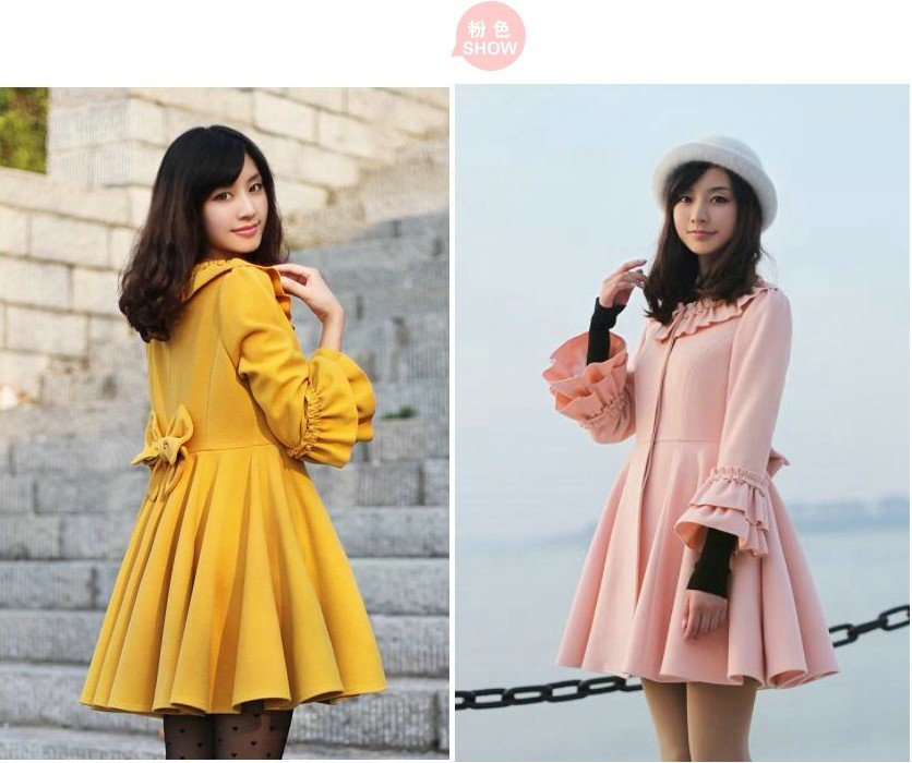 Princess style!  long pattern-ruffles-bow-Women wool outerwear trench coat winter outdoor clothes warm Coats